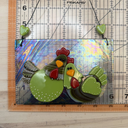 Whimsical Fused Glass Chicken Hanging Panel – Lime Green & Brown Chickens on Iridescent Glass