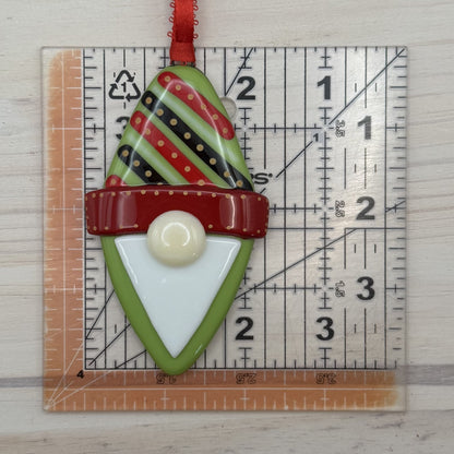 Handmade Fused Glass Christmas Gnome Ornament – Lime Green Hat with Red Stripes