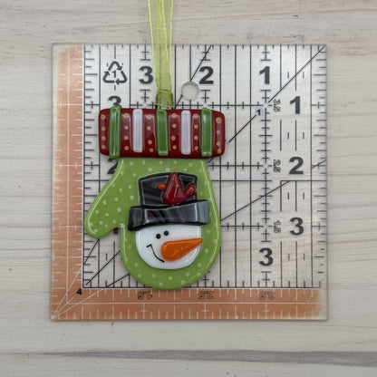 Handmade Fused Glass Snowman Mitten Ornament – Lime Green Christmas Mitten – Holiday Glass Ornament