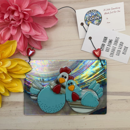 Whimsical Fused Glass Chicken Hanging Panel – Blue, Brown & Cream Chickens on Iridescent Glass