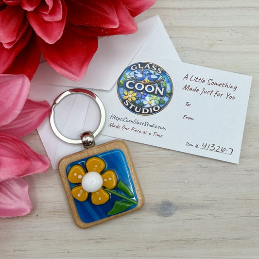 Fused Glass Flower Keychain – Marigold Flower on Blue Glass – Beechwood Keychain – Handmade Floral Keychain