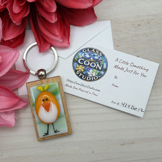 Marigold Bird Glass Keychain – Handmade Fused Glass Bird on Beechwood Base