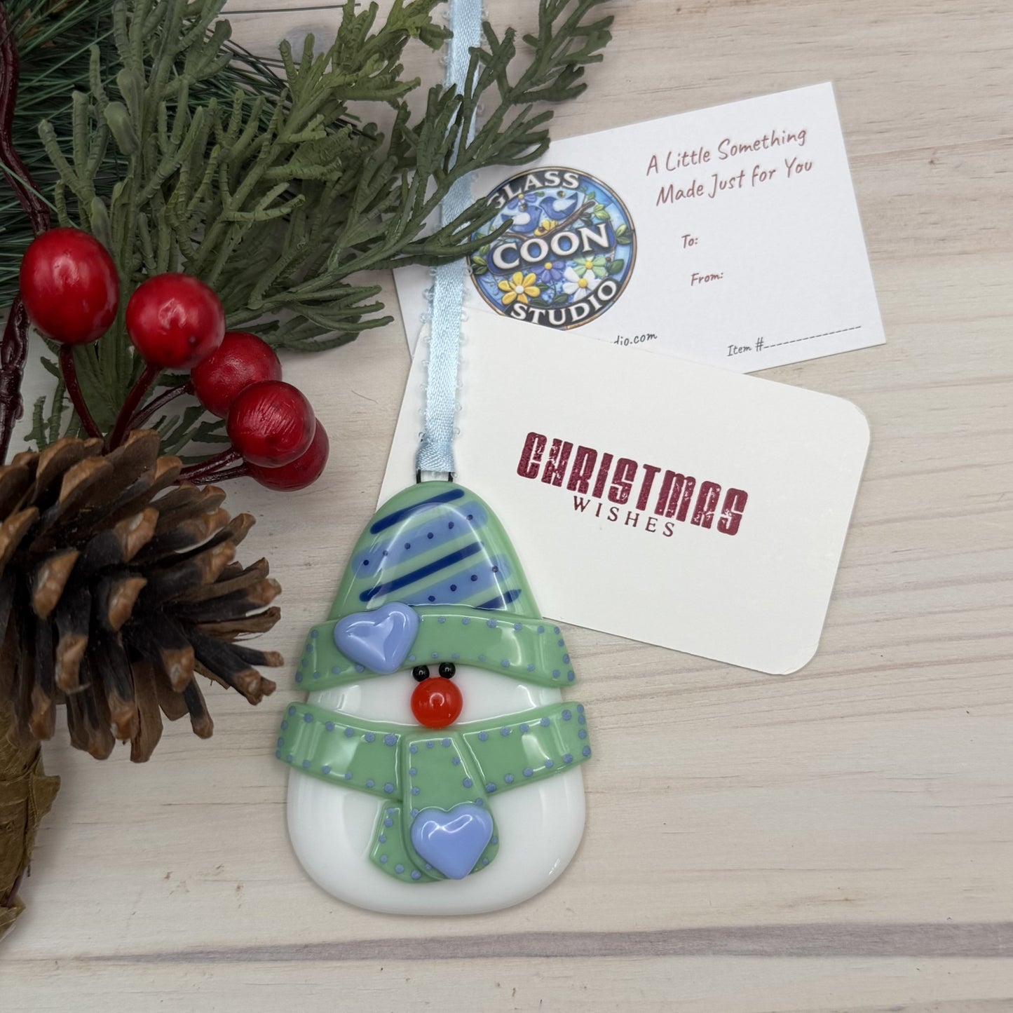 Fused Glass Snowman Ornament – Mint Green Handmade Christmas Ornament