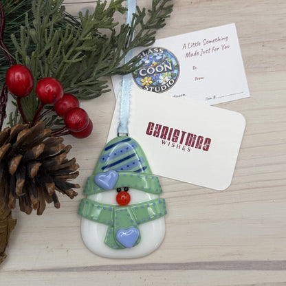 Fused Glass Snowman Ornament – Mint Green Handmade Christmas Ornament