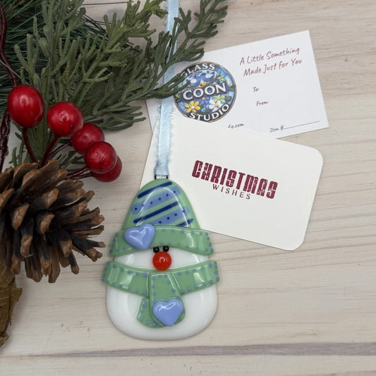 Fused Glass Snowman Ornament – Mint Green Handmade Christmas Ornament