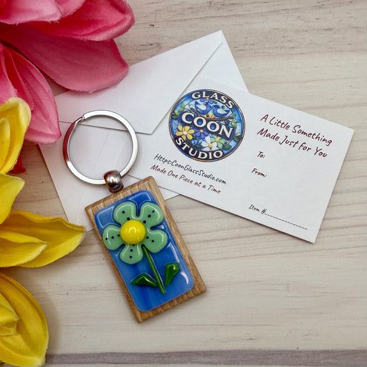 Pastel Green and Yellow Flower Fused Glass Keychain – Handmade Floral Glass Keychain on Beechwood Base