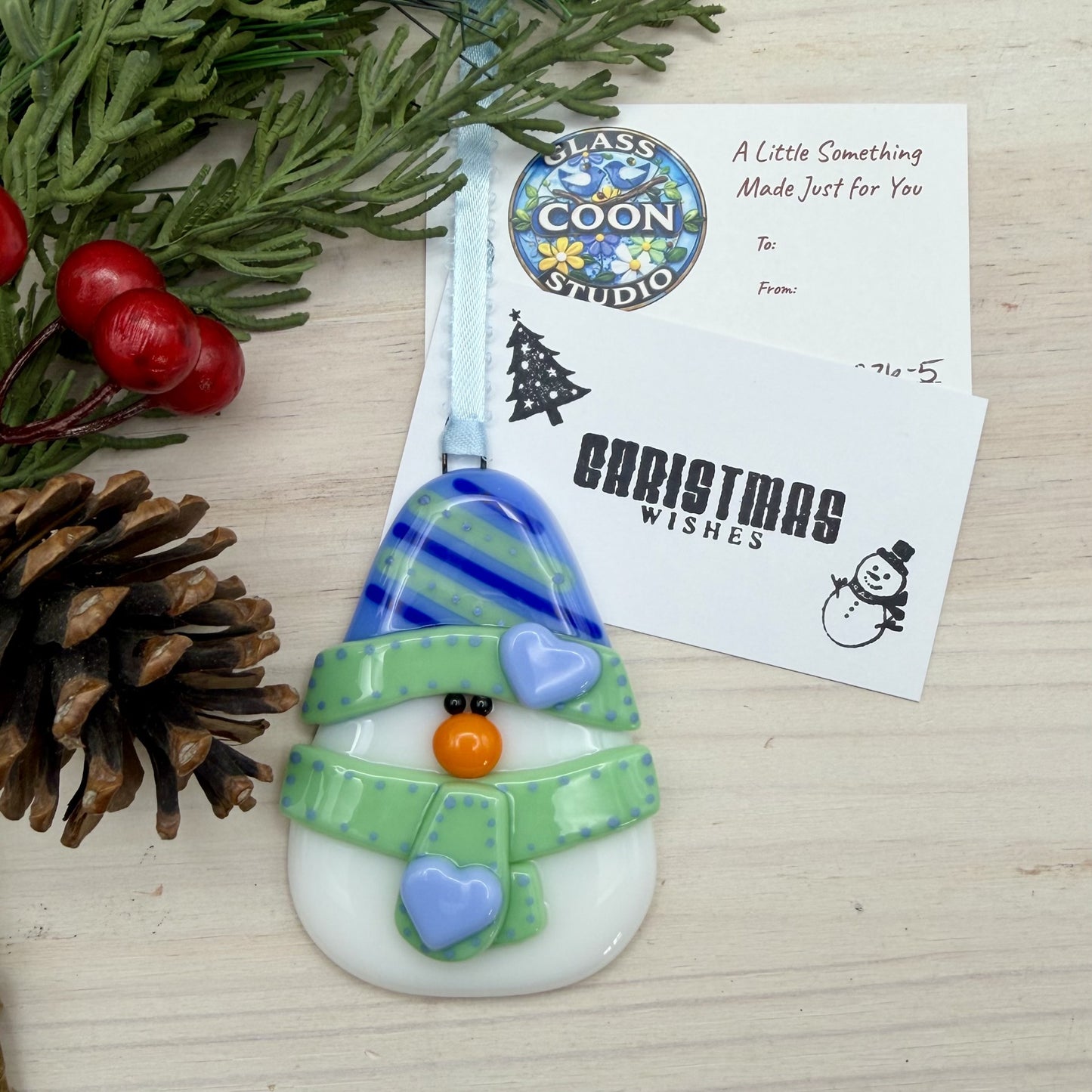 Whimsical Fused Glass Snowman Ornament – Blue & Mint Green Christmas Ornament – Handmade Holiday Décor