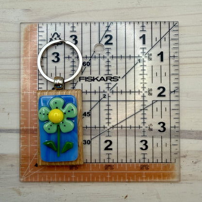 Pastel Green and Yellow Flower Fused Glass Keychain – Handmade Floral Glass Keychain on Beechwood Base
