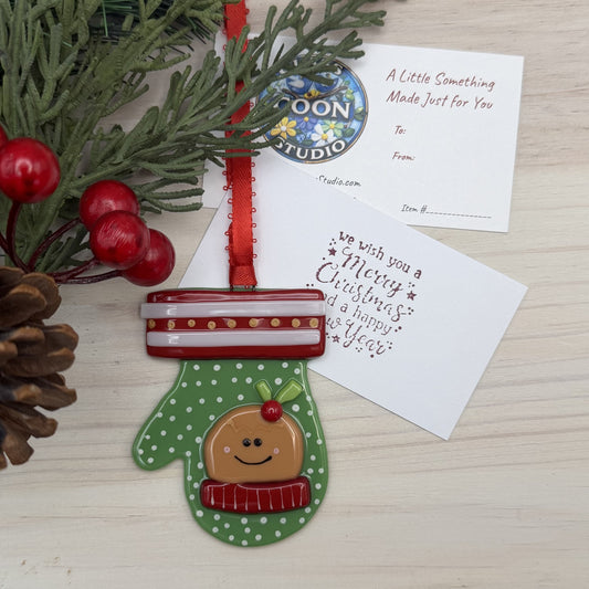 Handcrafted Fused Glass Gingerbread Mitten Ornament – Green Christmas Mitten with Gingerbread Man – Handmade Holiday Decoration