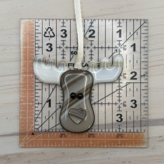 Fused Glass Moose Ornament – Brown & Cream Moose with Rustic Antlers