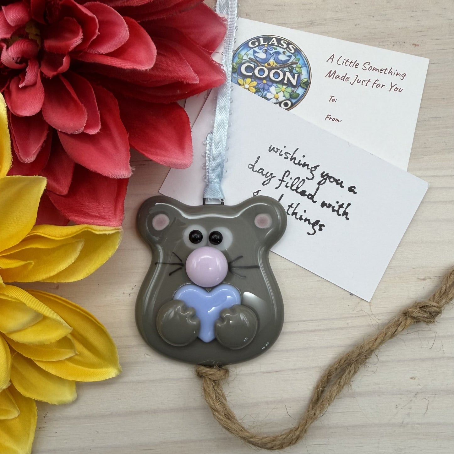 Fused Glass Mouse Ornament with Blue Heart – Handmade Gift