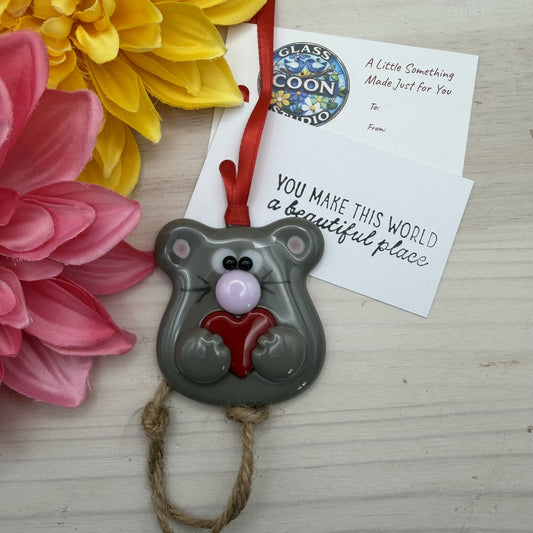 Whimsical Fused Glass Mouse Ornament – Handmade Heart Mouse Christmas Ornament