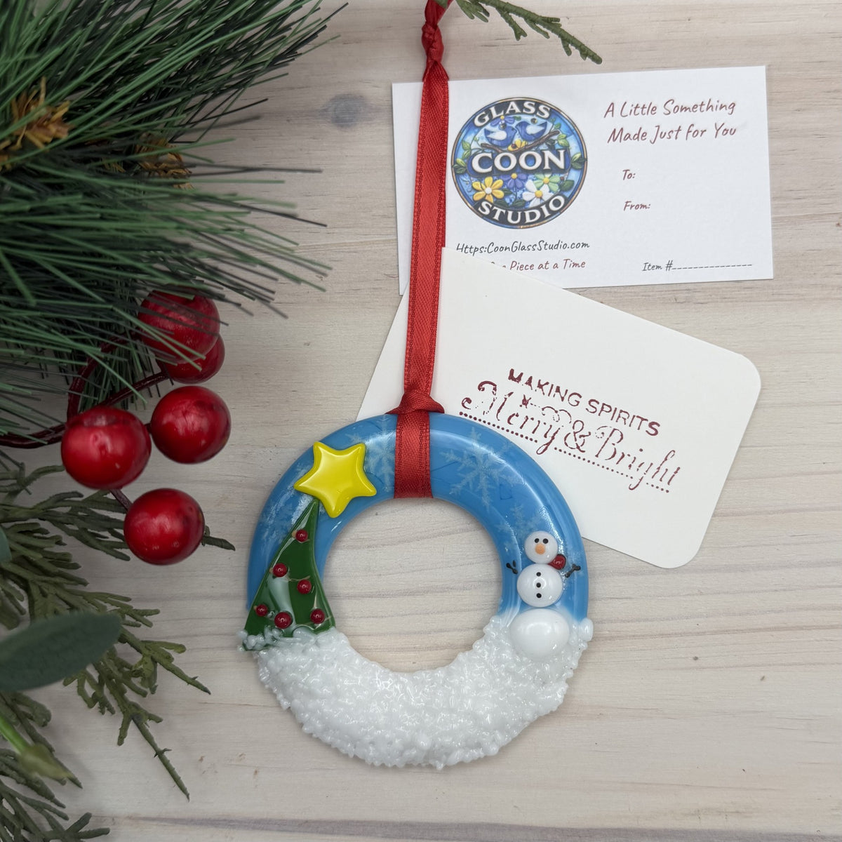 Fused Glass Snowman and Christmas Tree Wreath Ornament