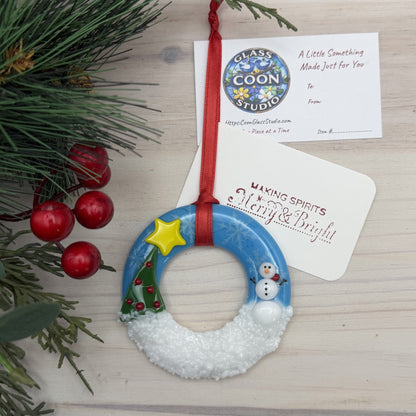 Fused Glass Snowman and Christmas Tree Wreath Ornament