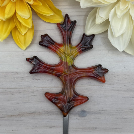 Fused Glass Red Oak Leaf Plant Stake - Handmade Fall Garden Decor