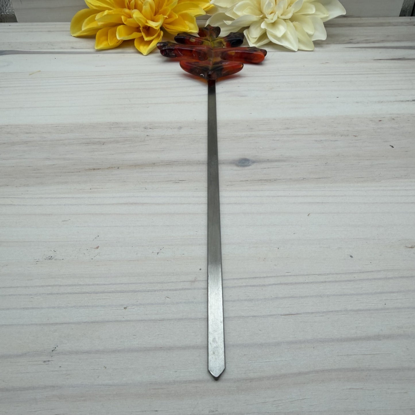 Fused Glass Red Oak Leaf Plant Stake - Handmade Fall Garden Decor