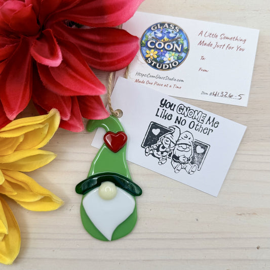 Fused Glass Gnome Ornament – Olive Green Gnome with Heart Hat – Handmade Glass Ornament