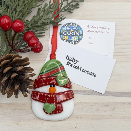 Fused Glass Snowman Ornament – Handmade Holiday Decor with Red & Olive Green Details