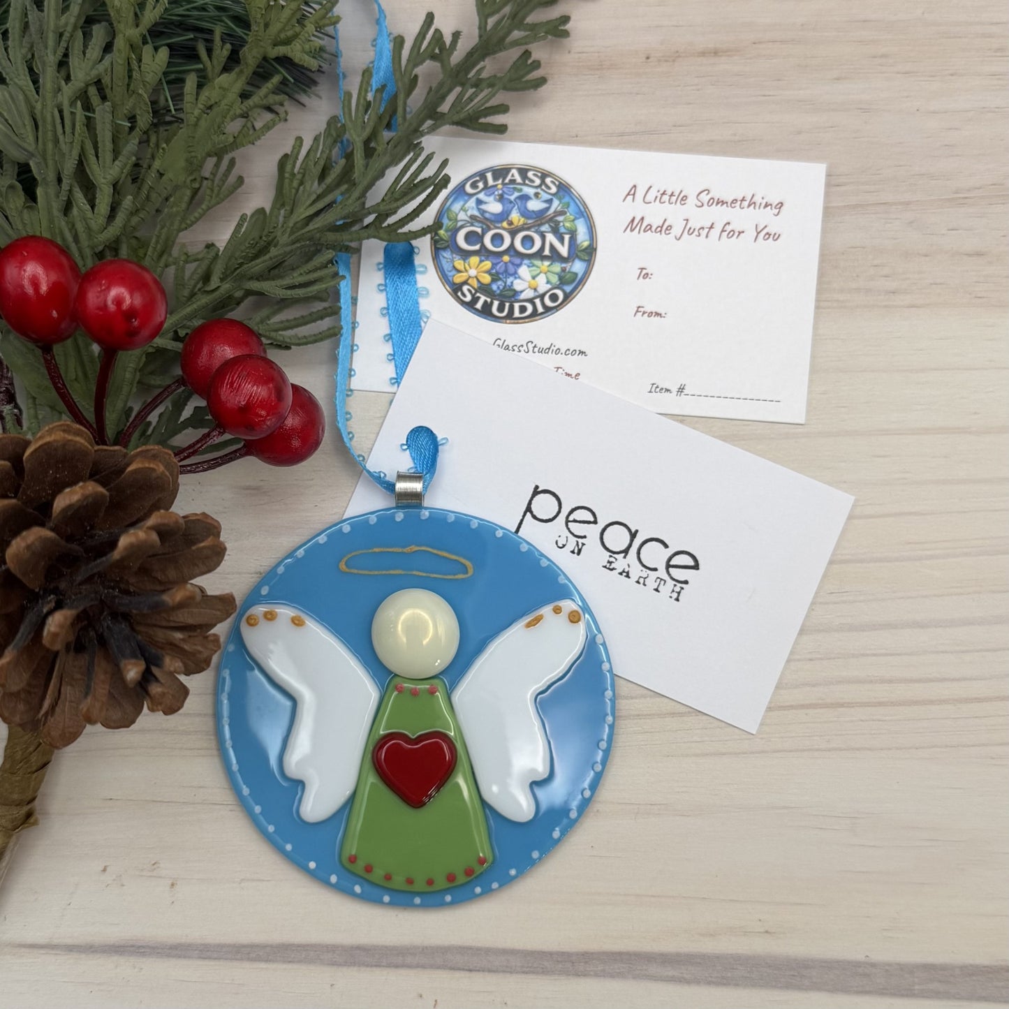 Fused Glass Angel Ornament with Red Heart – Peace on Earth Christmas Decoration