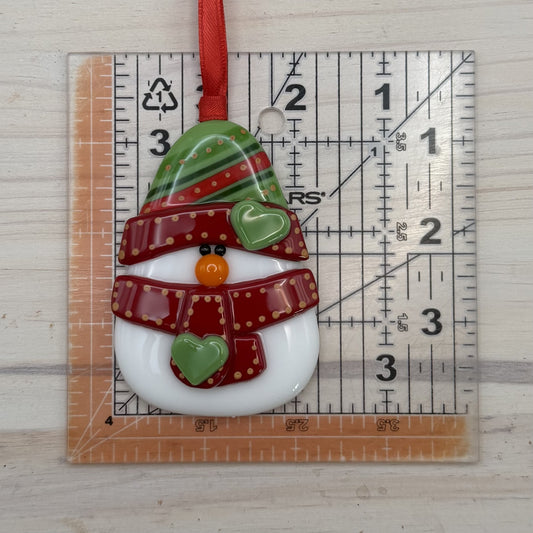Fused Glass Snowman Ornament – Handmade Holiday Decor with Red & Olive Green Details