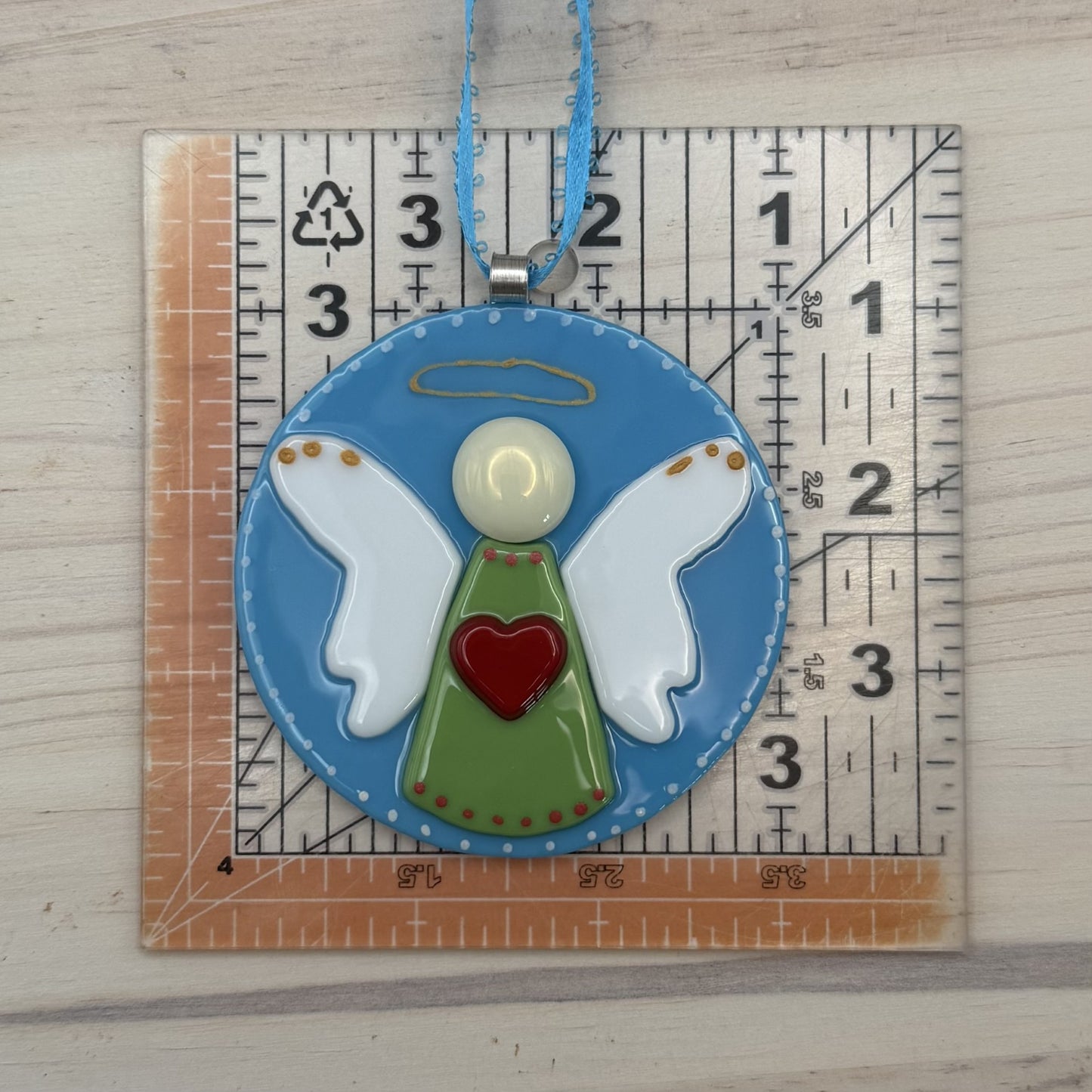 Fused Glass Angel Ornament with Red Heart – Peace on Earth Christmas Decoration