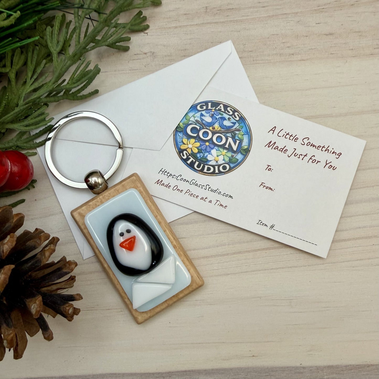 Fused Glass Penguin Keychain on Beechwood – Cute Penguin Bag Charm & Zipper Pull