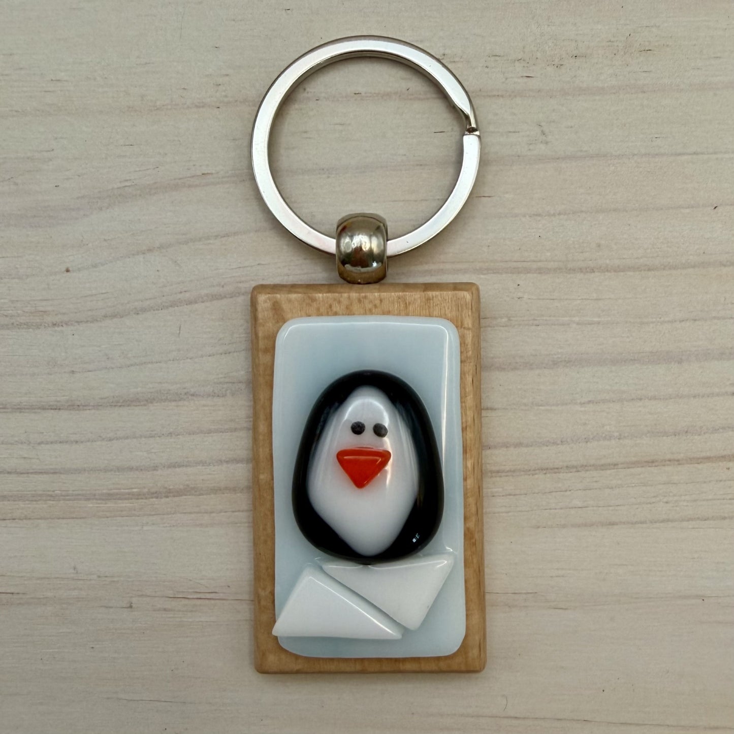Fused Glass Penguin Keychain on Beechwood – Cute Penguin Bag Charm & Zipper Pull
