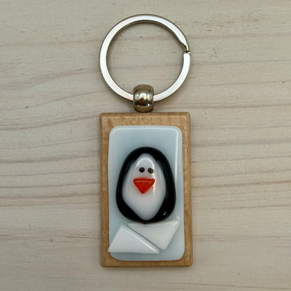 Fused Glass Penguin Keychain on Beechwood – Cute Penguin Bag Charm & Zipper Pull