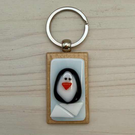 Fused Glass Penguin Keychain on Beechwood – Cute Penguin Bag Charm & Zipper Pull