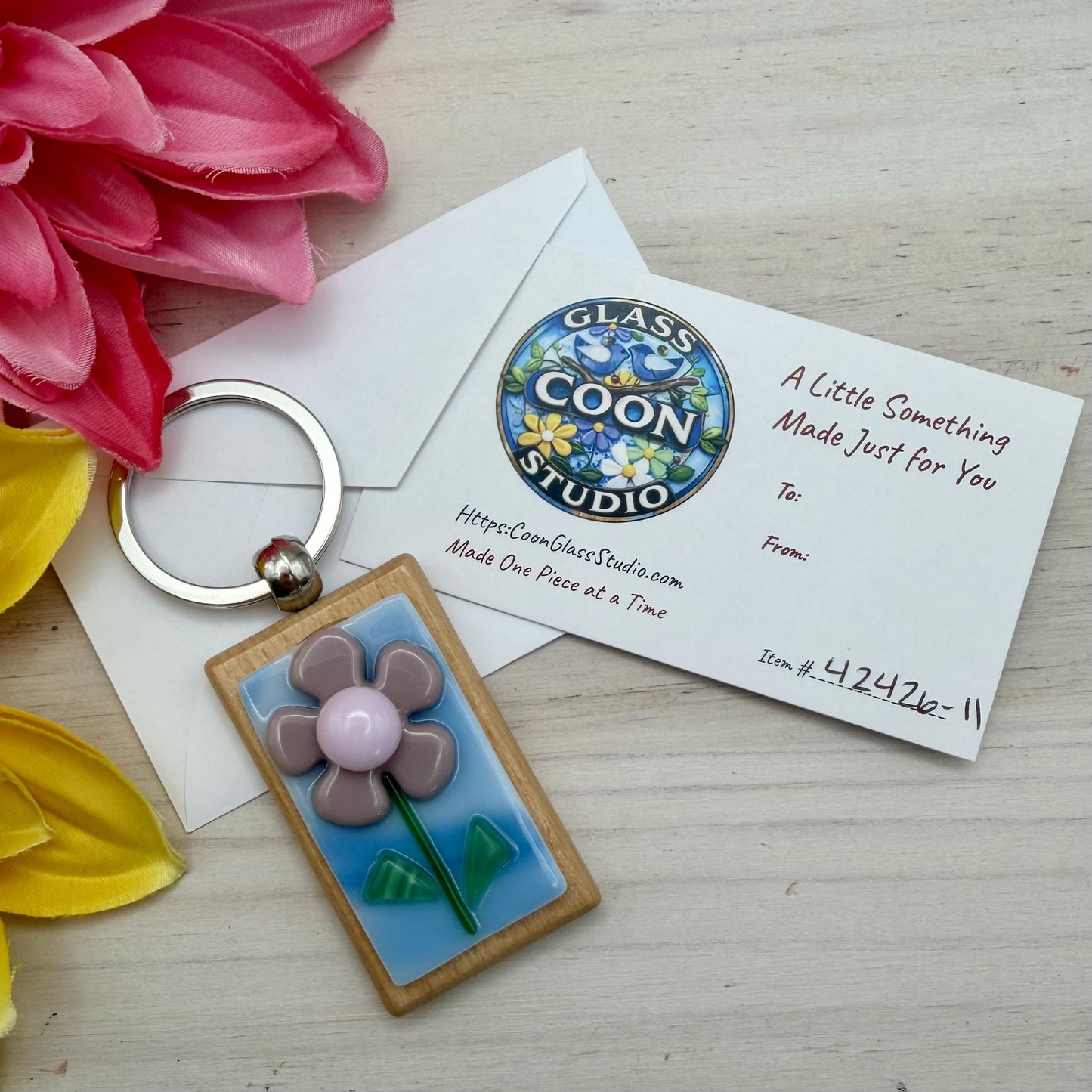 Purple Flower Glass Keychain – Handmade Fused Glass Floral on Beechwood Base