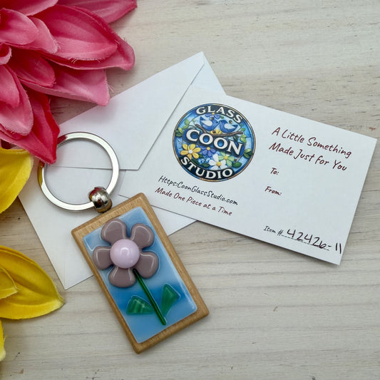 Purple Flower Glass Keychain – Handmade Fused Glass Floral on Beechwood Base