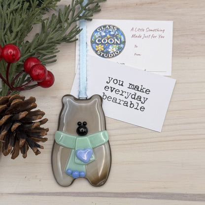 Handcrafted Fused Glass Brown Bear Ornament with Green Scarf and Blue Heart – "You Make Everyday Bearable"