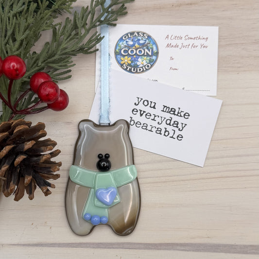 Handcrafted Fused Glass Brown Bear Ornament with Green Scarf and Blue Heart – "You Make Everyday Bearable"