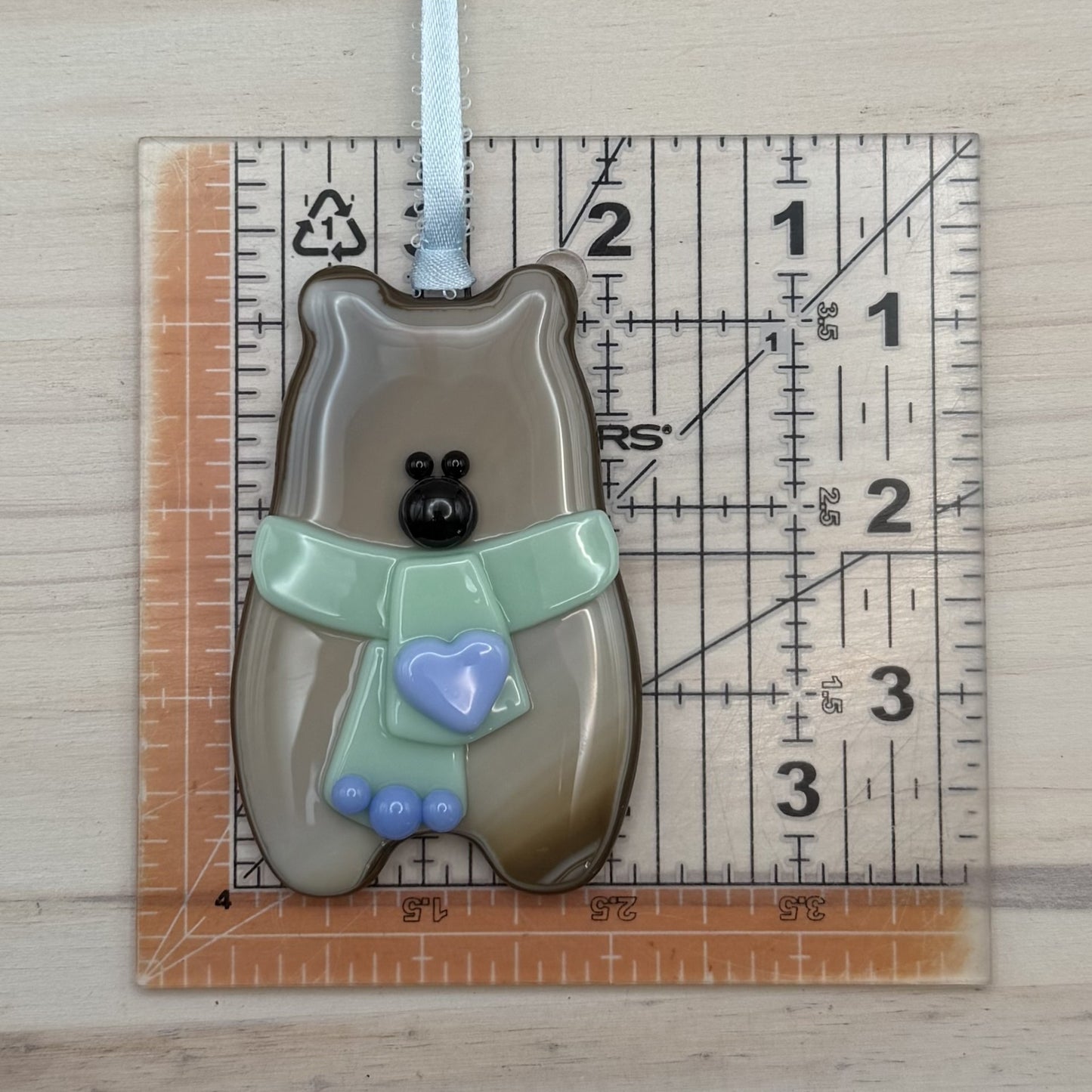 Handcrafted Fused Glass Brown Bear Ornament with Green Scarf and Blue Heart – "You Make Everyday Bearable"