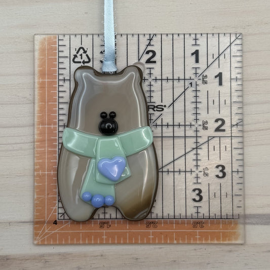 Handcrafted Fused Glass Brown Bear Ornament with Green Scarf and Blue Heart – "You Make Everyday Bearable"
