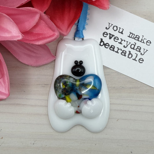 Fused Glass Polar Bear Ornament with a Heart