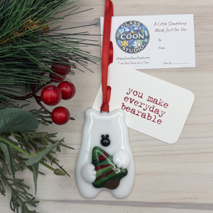 Fused Glass Polar Bear with Christmas Tree Ornament