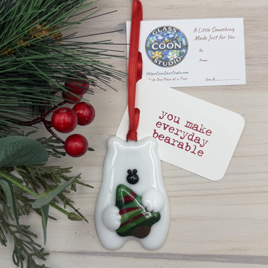 Fused Glass Polar Bear with Christmas Tree Ornament