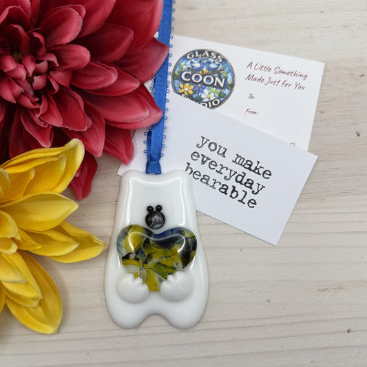 Fused Glass Polar Bear Ornament with Heart – “You Make Everyday Bearable” – Handmade Gift – Ready to Ship
