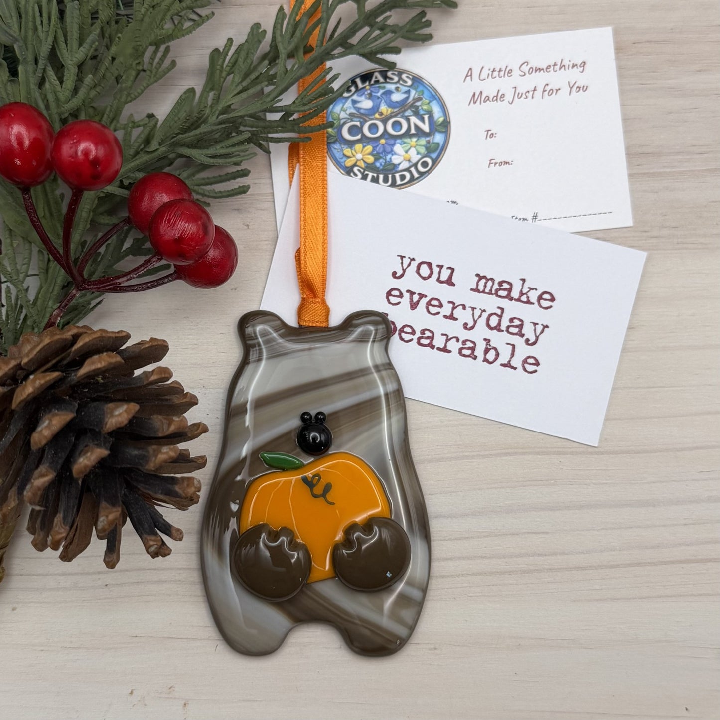 Handmade Fused Glass Bear Ornament Holding Pumpkin – Fall Bear Christmas Ornament – Autumn Glass Decor