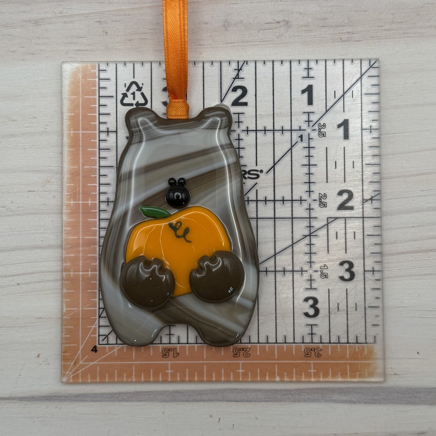 Handmade Fused Glass Bear Ornament Holding Pumpkin – Fall Bear Christmas Ornament – Autumn Glass Decor