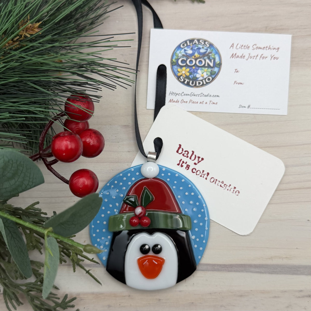 Fused Glass Penguin Ornament with Holly Winter Hat