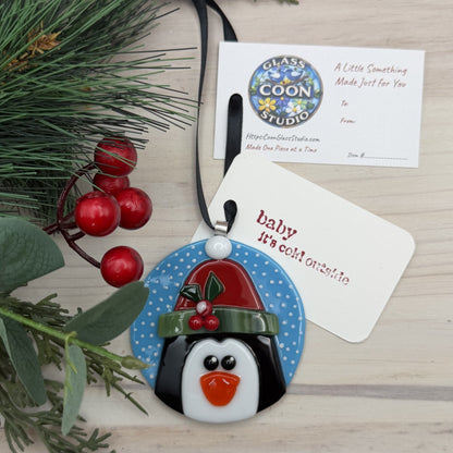 Fused Glass Penguin Ornament with Holly Winter Hat