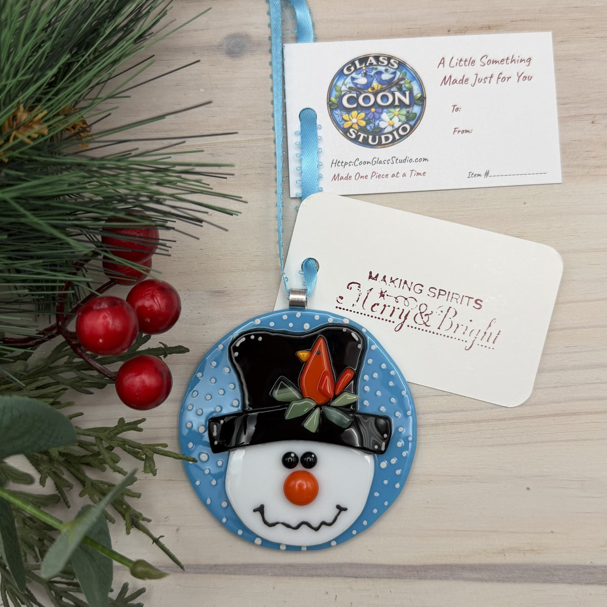 Fused Glass Snowman Ornament with Red Bird on Top Hat
