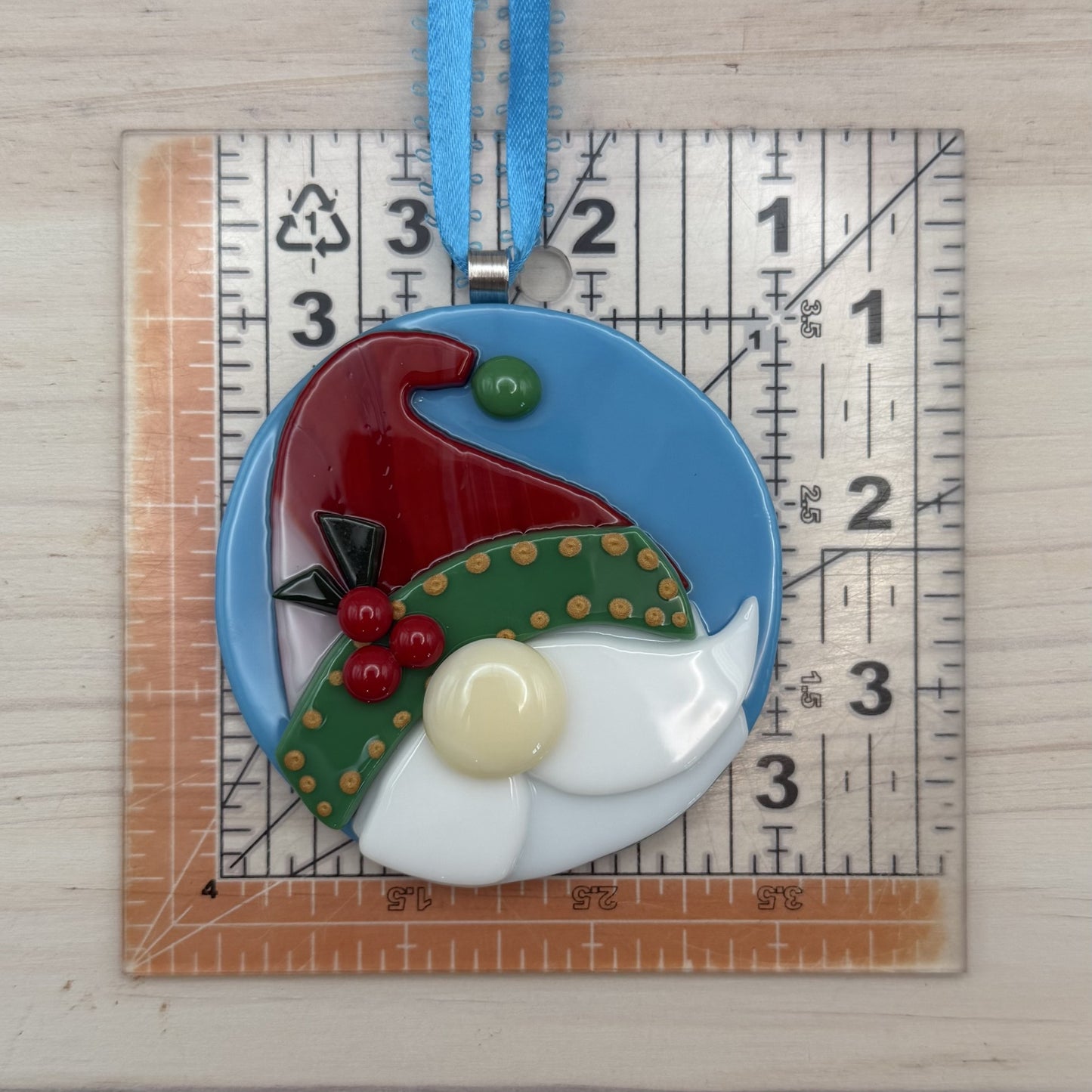 Fused Glass Christmas Gnome Ornament – Red & White Hat with Holly