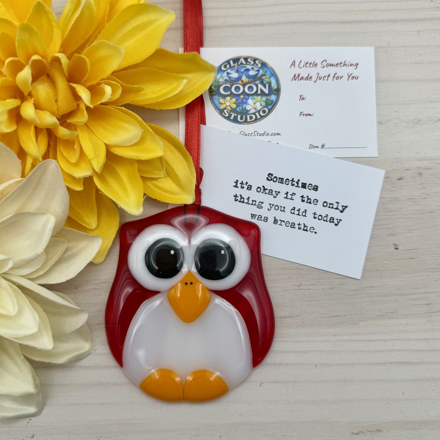 Fused Glass Red Owl Suncatcher Ornament – Handmade Owl with Inspirational Card