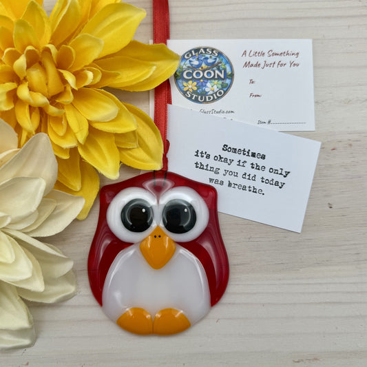 Fused Glass Red Owl Suncatcher Ornament – Handmade Owl with Inspirational Card