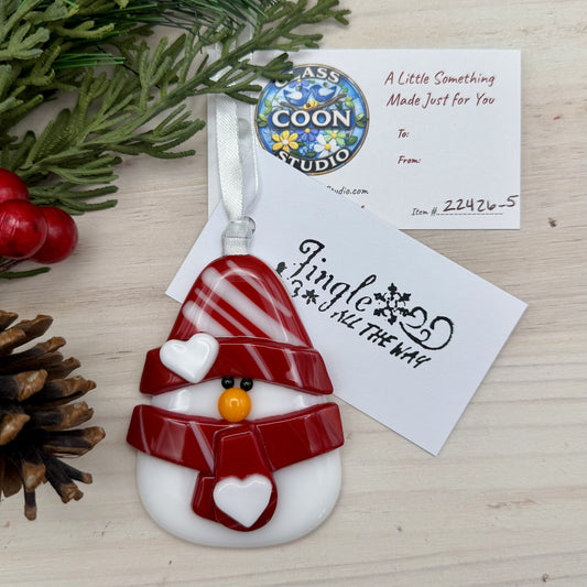 Fused Glass Snowman Ornament – Red & White Striped Holiday Decor with Heart Details