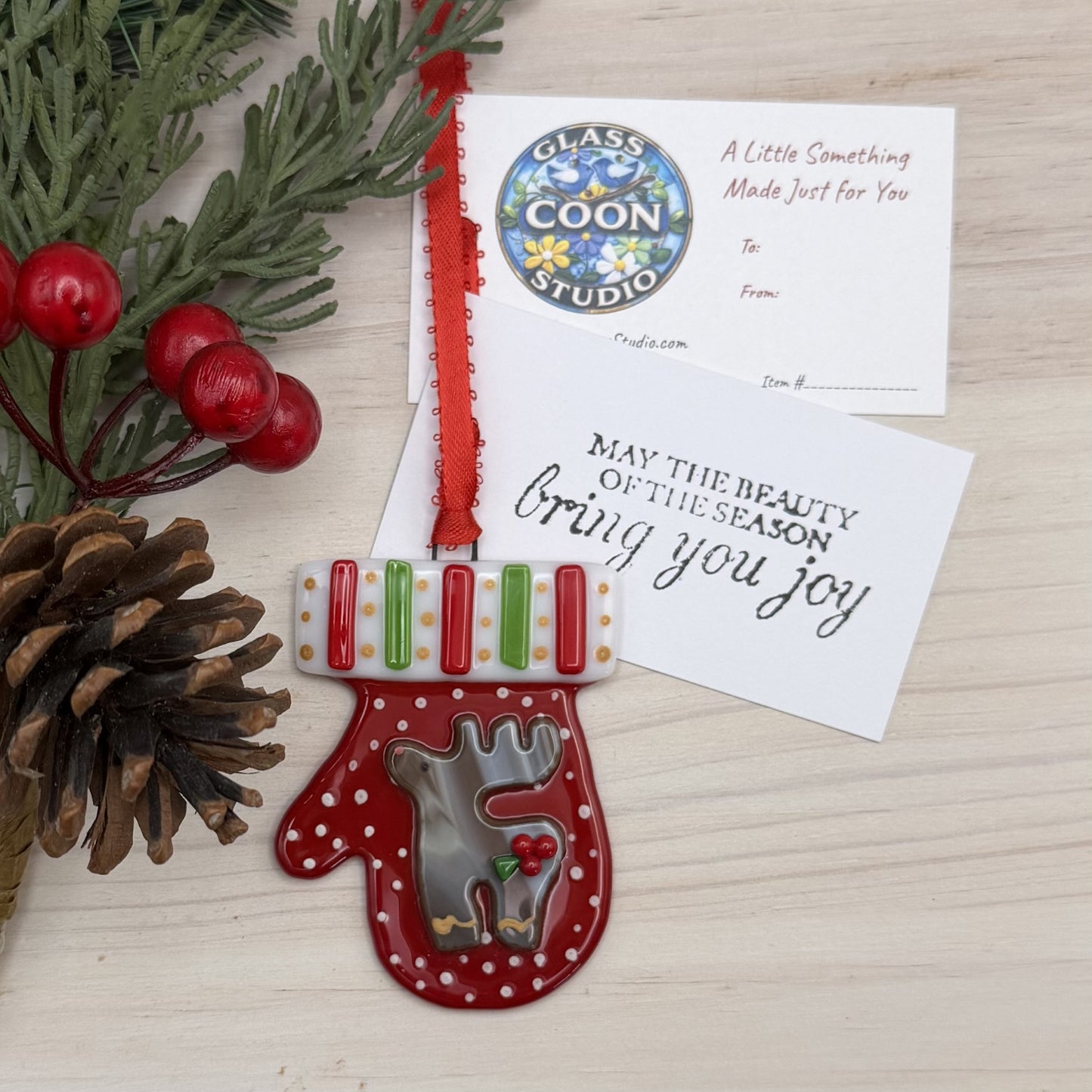 Fused Glass Reindeer Mitten Ornament – Red Christmas Mitten Suncatcher with Holly Accen