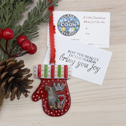 Fused Glass Reindeer Mitten Ornament – Red Christmas Mitten Suncatcher with Holly Accen